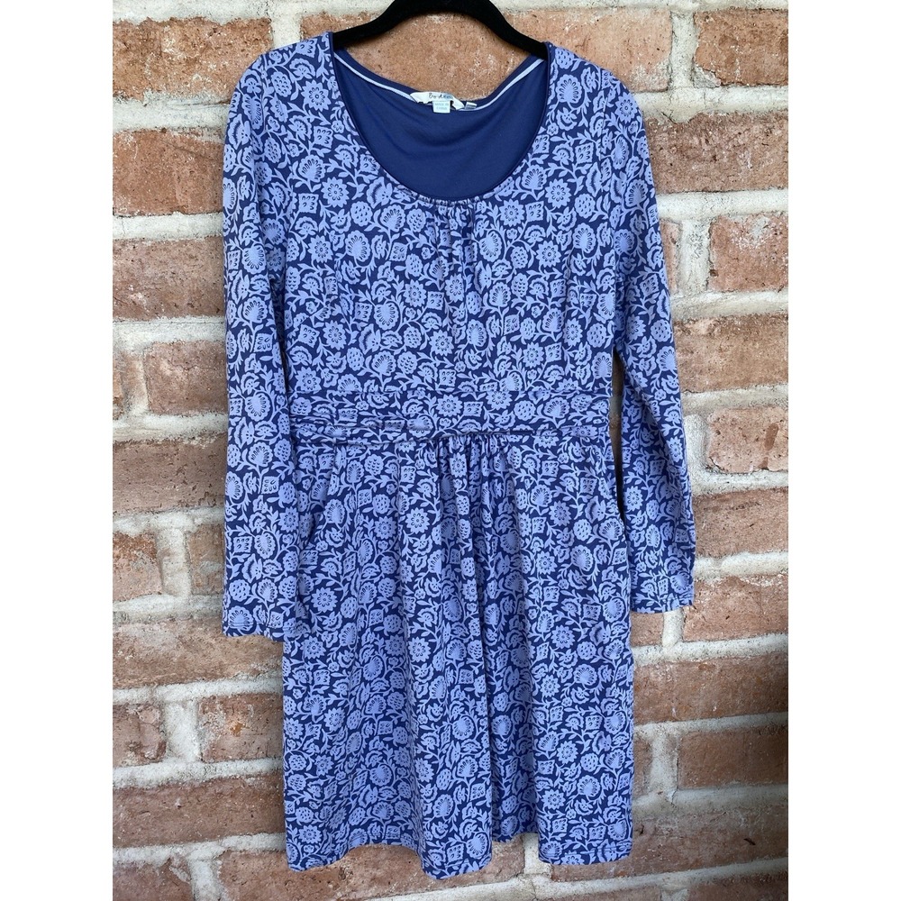 Boden Dress Womens 10 Blue Floral Scoop Neck Fit & Flare Belted Knee Length